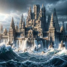 a castle in the ocean with waves crashing around it and dark clouds overcasting