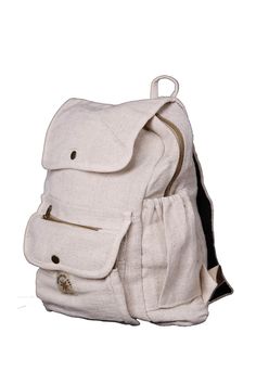 "Our Sunshine Joy natural backpacks are similar to the popular \"Pure Hemp\" style bags. Designed for students and adventurers alike, they are great for hiking trips, camping, festival-going, picnics, and more. These high-quality bags feature comfortable and sturdy shoulder straps,  a double interlocking \"lockable\" zipper top, two outside front pockets (one zippered and one with a snap), two side bottle holders, and a large 8x10-inch interior pocket.  The backpack measures approximately 16 x 1 Casual Beige Backpack For Outdoor Activities, Outdoor Backpack With Pockets, Practical Backpack With Pockets For Outdoor Activities, Practical Backpack For Outdoor Activities, Beige Standard Backpack For Outdoor, Casual Adventure Backpack, Beige Backpack For Outdoor Activities, Casual Adventure Bag With Pockets, Casual Backpack For Adventure