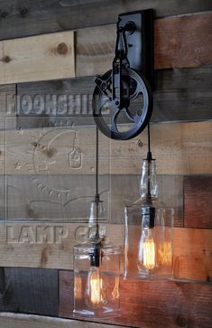 The Warehouser Recycled Whiskey Bottle Wall Sconce Pulley Lamps, Diy Lampe, Industrial Light, Bottle Wall, Design Industrial, Rustic Lighting, Farmhouse Lighting, Industrial Lighting, Rustic Industrial