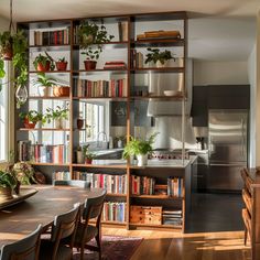 a kitchen with lots of bookshelves and plants on the shelves in front of it