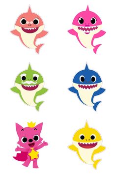 four different types of shark stickers in various colors and sizes, each with an open mouth