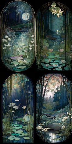 four different views of water lilies in the woods at night and on the pond