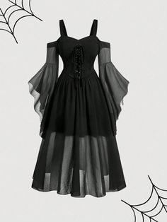 Plus Size Black Vintage Halloween Criss-Cross Strap Flare Sleeve V-Neck Long Chiffon Dress Black Casual  Long Sleeve Knitted Fabric Plain A Line Medium Stretch  Women Plus Clothing, size features are:Bust: ,Length: ,Sleeve Length: Long Sleeve Mesh Dress, Witch Dress, Witch Halloween Costume, Bodice Dress, Dress Halloween Costume, Vestidos Vintage, Gothic Dress, Cosplay Dress, Butterfly Sleeves