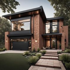 a large brick house with lots of windows and stairs leading up to the front door