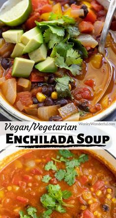 vegetarian enchilada soup with avocado and cilantro