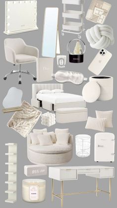 an assortment of white furniture and accessories arranged on a gray background with text overlay