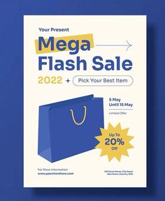 a flyer for a mega flash sale with a blue shopping bag on the front and yellow stars