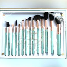 Teal And Gold 14 Piece Makeup Brush Set Looks Beautiful In A Jar In Your Vanity! More Importantly You Will Have The Tools You Need To Create Your Look. Premium Boxed Makeup Set By Daxstar. Set Of 14 Brushes New Sealed Makeup Box, Teal And Gold, In A Jar, The Tools, Makeup Set, Box Color, Makeup Tools Brushes, Makeup Brush Set, Makeup Brush