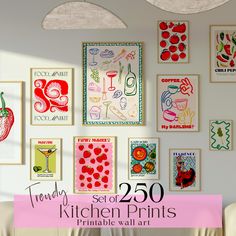 there are many kitchen prints on the wall