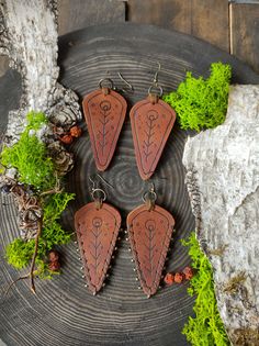 Leather Scrap Jewelry, Druid Accessories, Hand-tooled Brown Earrings For Festival, Brown Hand Tooled Earrings For Festival, Nature-inspired Brown Jewelry For Festivals, Unique Brown Festival Earrings, Handmade Nature-inspired Earrings For Festival, Handmade Nature-inspired Festival Earrings, Bohemian Brown Electroformed Earrings