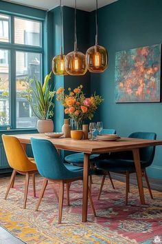 a dining room with blue walls and wooden table surrounded by colorful chairs, potted plants and artwork on the wall