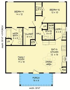 the floor plan for a two bedroom house with an attached bathroom and living room area