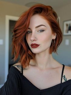 Red Lob Hairstyle, Shag Red Hair, Red Short Hair With Bangs, Wine Red Short Hair, Red Layered Bob, Long Bob Red Hair, Ginger Hair With Dark Roots, Red Hair Long Bob, Red Hair Bob Haircut