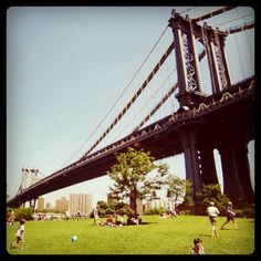 people are playing in the grass under an overpass with a bridge in the background