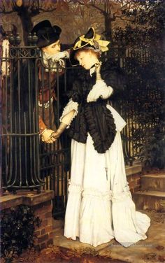 a painting of two women standing next to each other in front of a wrought iron fence