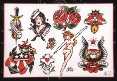 an old school tattoo flash sheet with various tattoos on it, including roses and hearts