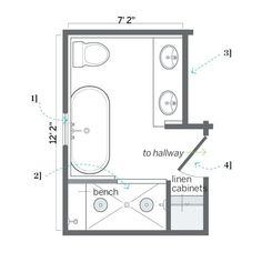 a bathroom floor plan with measurements for the bathtub and shower area, including an overhead toilet