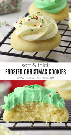 frosted christmas cookies on a cooling rack with the words soft & thick frosted christmas cookies