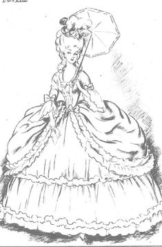 a black and white drawing of a woman in a dress with an umbrella over her head