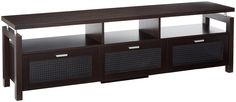 a wooden entertainment center with glass doors and drawers on one side, in dark brown finish