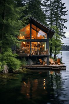 a cabin on the shore of a lake surrounded by trees and water at night time