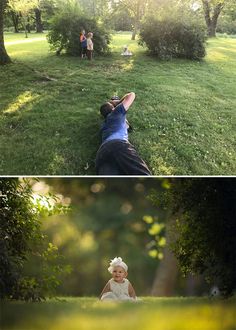 two pictures of people laying in the grass and one is holding a child's head