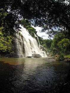 a large waterfall in the middle of a forest