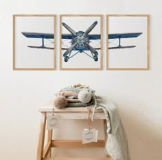 two framed pictures hang on the wall above a small table with a teddy bear and stuffed animal