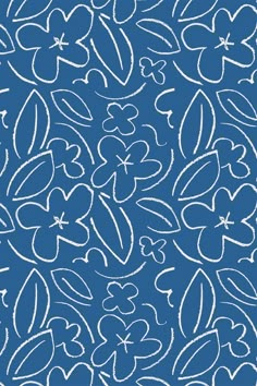 a blue background with white flowers and leaves in the shape of heart shapes on it