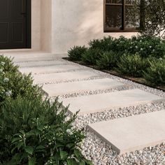 a modern house with stone steps leading to the front door and side yard area, surrounded by greenery