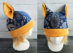 two pictures of a hat on top of a mannequin's head, one in blue and the other in yellow