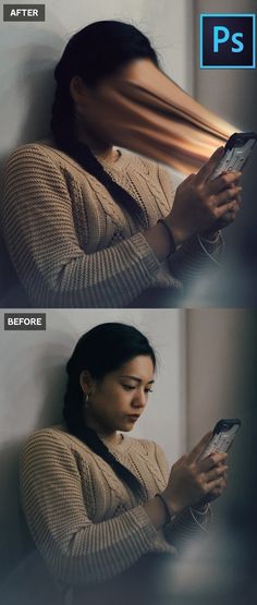 a woman holding a cell phone in her hand and looking at the screen with text below it