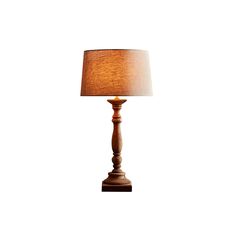 a wooden table lamp with a brown shade on the base and a white fabric light behind it