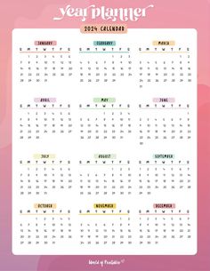 a calendar with the year planner in pastel colors, on a pink and purple background