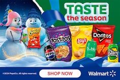 an advertisement for walmart's christmas season sale with snowmen and candy bars