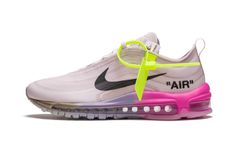 The Serena Williams x Off-White x Nike Air Max 97 was designed by Virgil Abloh to celebrate the on-court dominance and memorable style of the tennis legend.  Part of the “Queen” collection released around the 2018 US Open tennis tournament in New York City, the limited edition Air Max 97 for Williams features a light grey upper in the same construction as the original Off-White x Nike Air Max 97 from “The Ten” collection.  The midsole adds vibrant color with a pink to purple to gold gradient from the heel to toe.  The Serena Williams x Off-White x Nike Air Max 97 released in extremely limited quantities exclusively in NYC, making it one of the most sought-after sneakers of the year. Queen Shoes, White Air Max 97, Off White X Nike, Tennis Legends, Rare Sneakers, Queens Ny, Air Max Shoes, Nike Shoes Air Max, Nike Air Max For Women