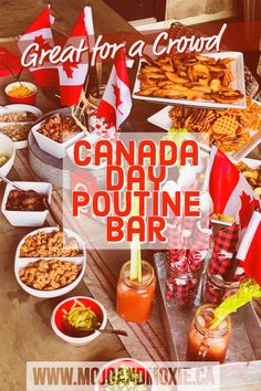 the canadian flag is in front of many different foods