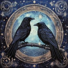 two black birds sitting on top of a tree branch in front of a blue sky with stars