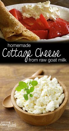 homemade cottage cheese from raw goat milk in a wooden bowl and on a plate with bread