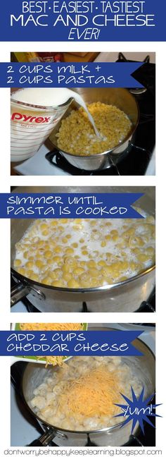 three pictures showing how to make macaroni and cheese