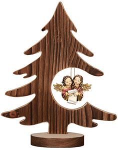 a wooden christmas tree with an ornament on it's side and two angels hanging from the top