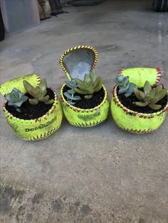 three yellow baseball shaped planters with succulents in them on the ground