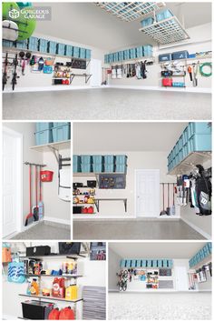 several pictures of the inside of a garage with various items on shelves and in bins