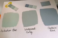 several shades of blue and green paint on a white board with the names palladian blue