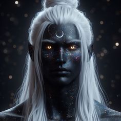 a woman with white hair and yellow eyes is dressed up as the night sky, surrounded by stars