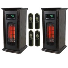 two black and red electric heaters sitting next to each other