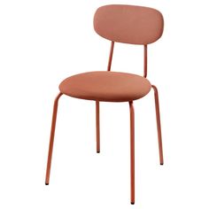 an orange chair sitting on top of a white floor next to a wooden frame and metal legs