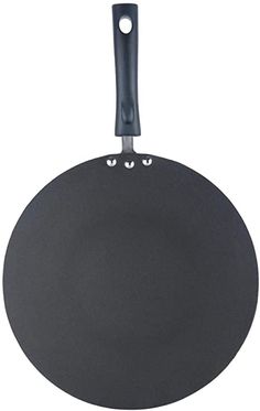 a black frying pan with two holes on the side and one hole in the middle