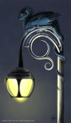 a drawing of a lamp post with a dragon on it's head and the light turned off