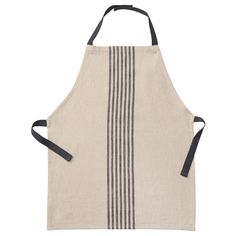 an apron with black and white stripes on the front, hanging from a corded handle